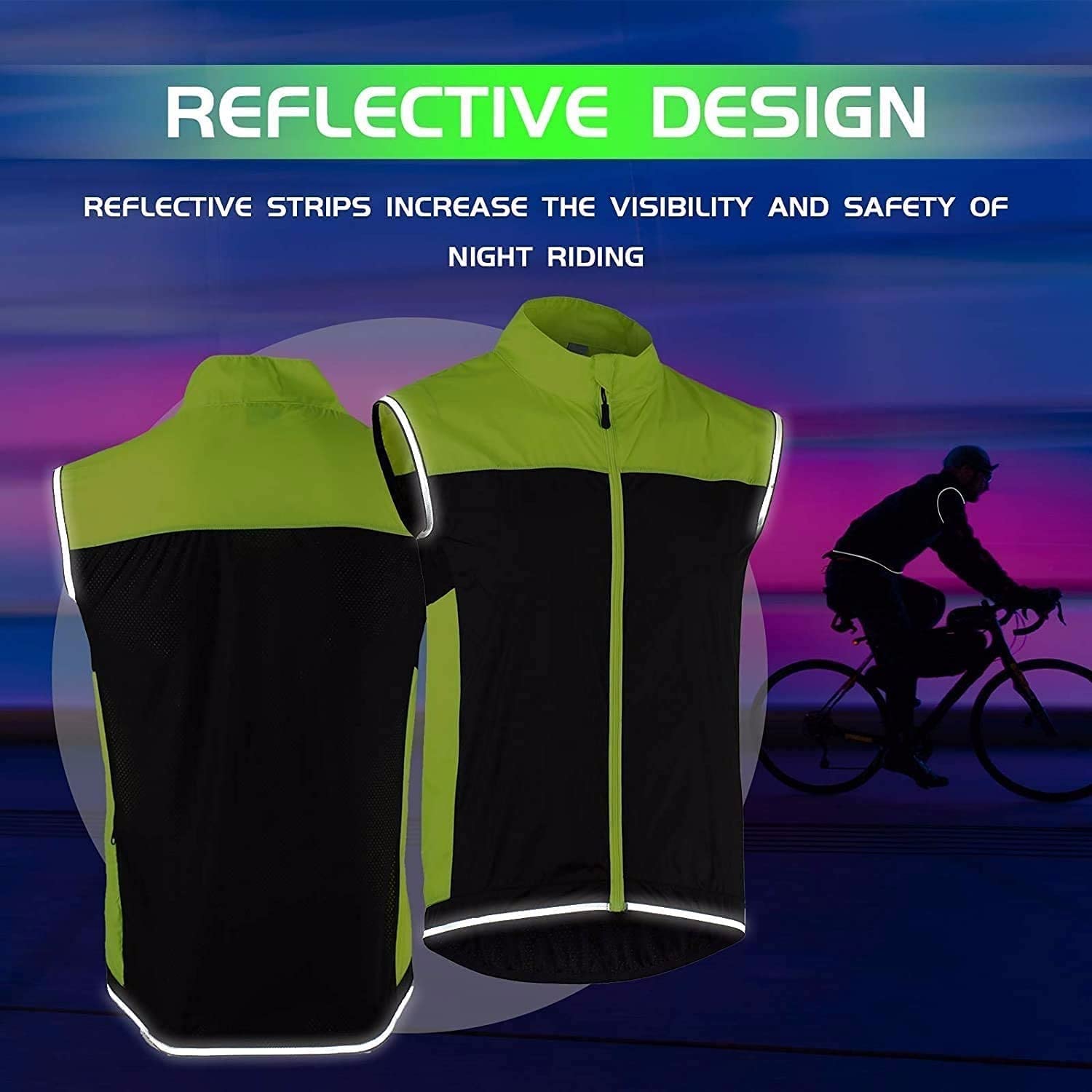 SIDHU Gilet da Ciclismo Uomo Donna Gilet da Corsa Riflettente Senza Maniche Giacca Impermeabile Antivento Hi Vis MTB Gilet da Ciclismo Leggero E Traspirante per Ciclismo Jogging,Green-XL