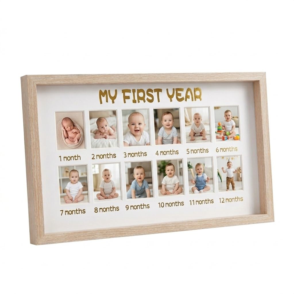 Newborn Baby My First Year Photo Display Wood Board Photo Frame Milestone 12 Months Picture Progress Boy Girl 1st Birthday Nursery Decor Keepsake Memory Shower Gift for Mom