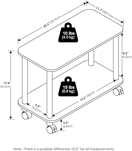 Miniatura 3 de Furinno Turn-N-Tube - Mesa auxiliar rectangular de 2 niveles con ruedas, mesita de noche de esquina redonda, mesita de noche con estante abierto,
