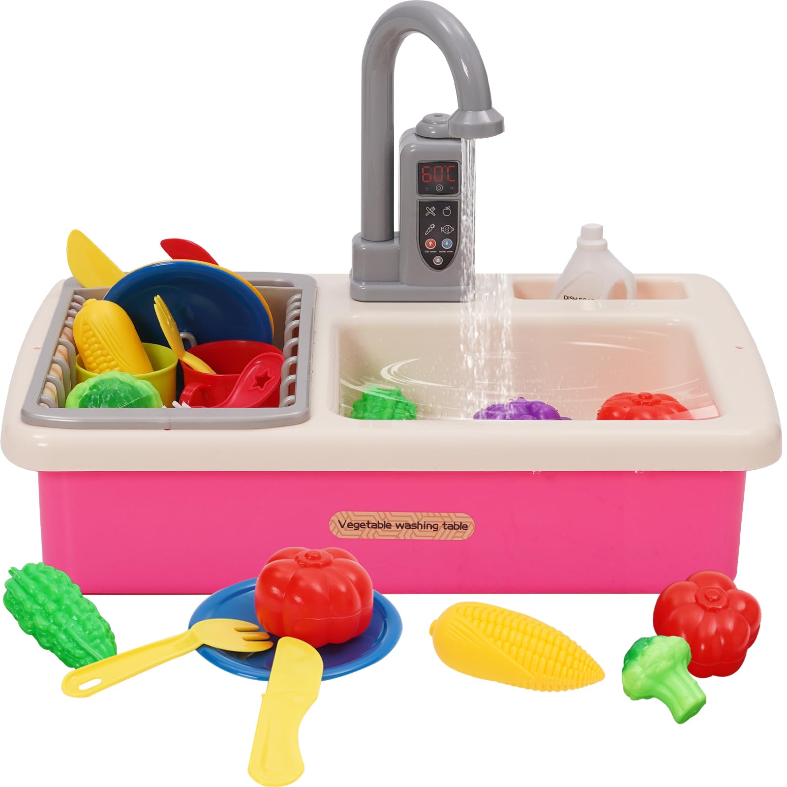 Toddler Play Sink with Running Water,Pretend Role Play Kitchen Toys for Kids with Accessories Vegetable Fruit,Electric Dishwasher with Automatic Water Cycle System,Water Play Gifts For Boys Girls,Pink