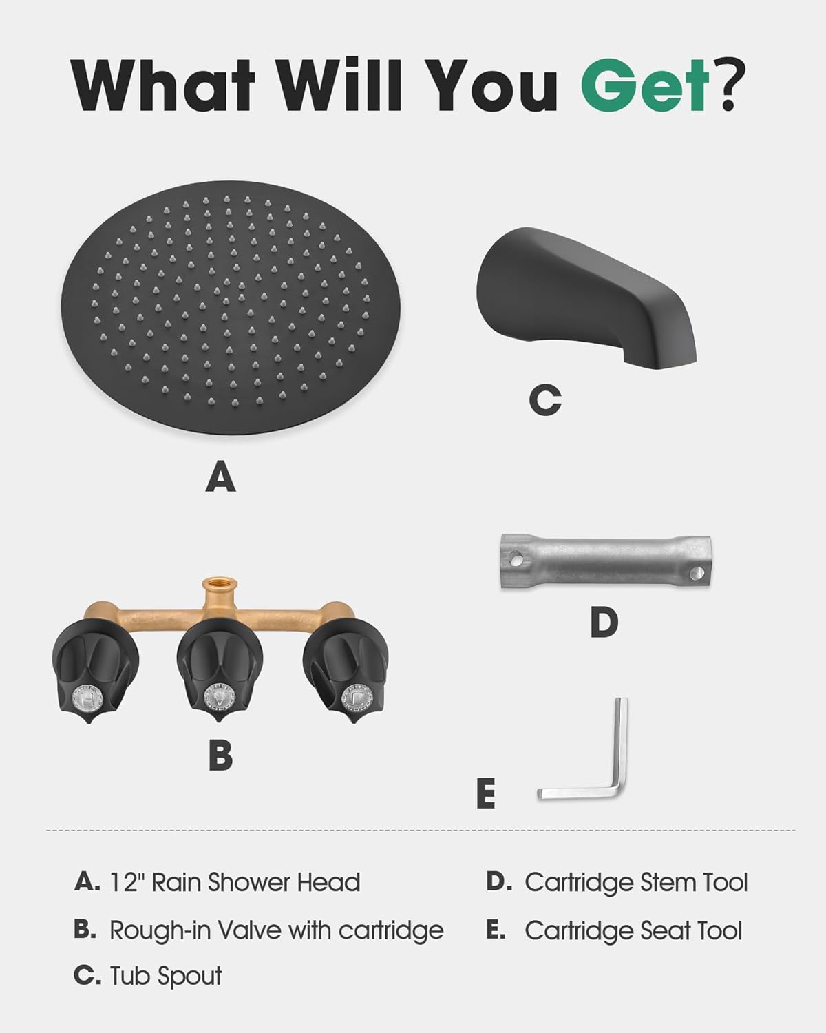 12" Rainfall Shower Faucet& Bathtub 3 Handle Knob Tub & Shower Rough-In Valve, Included Rough-in Valve, Matte Black