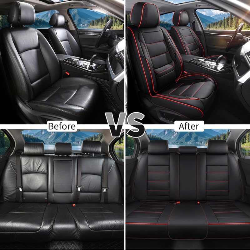 Car Seat Covers Full Set Custom Fit for Chevrolet/Chevy Malibu 2000-2025 2026-Premium Faux Leather with Lumbar Support, Breathable, Waterproof, Anti-Slip, Durable, Easy to Install (Black&Red,Full Set)