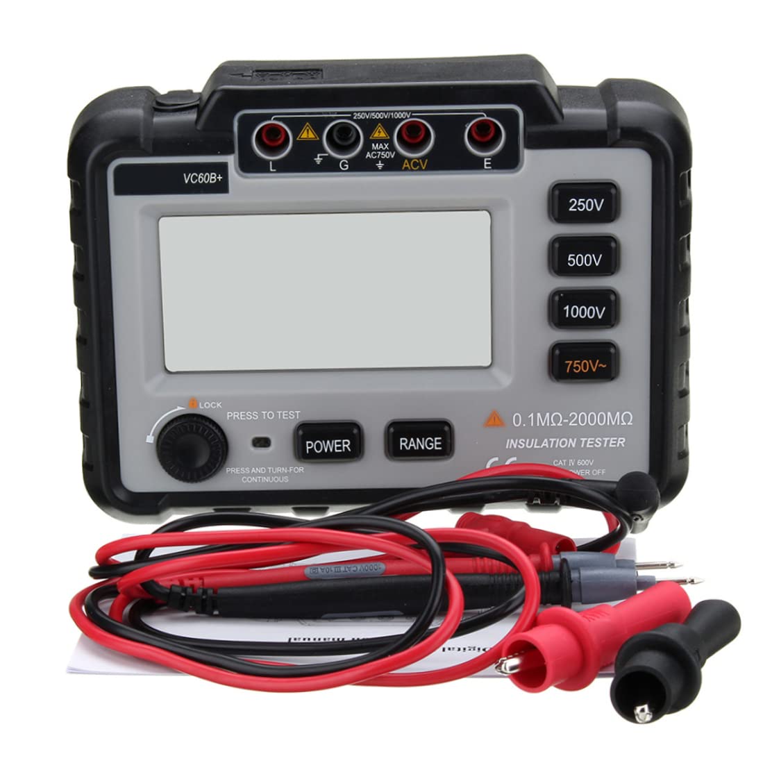 Probador de Resistencia de Aislamiento Digital, medidor Megger Medidor de Voltaje de Resistencia a Tierra, VC60B 250/500/1000V DC Megger electrónico, Blanco