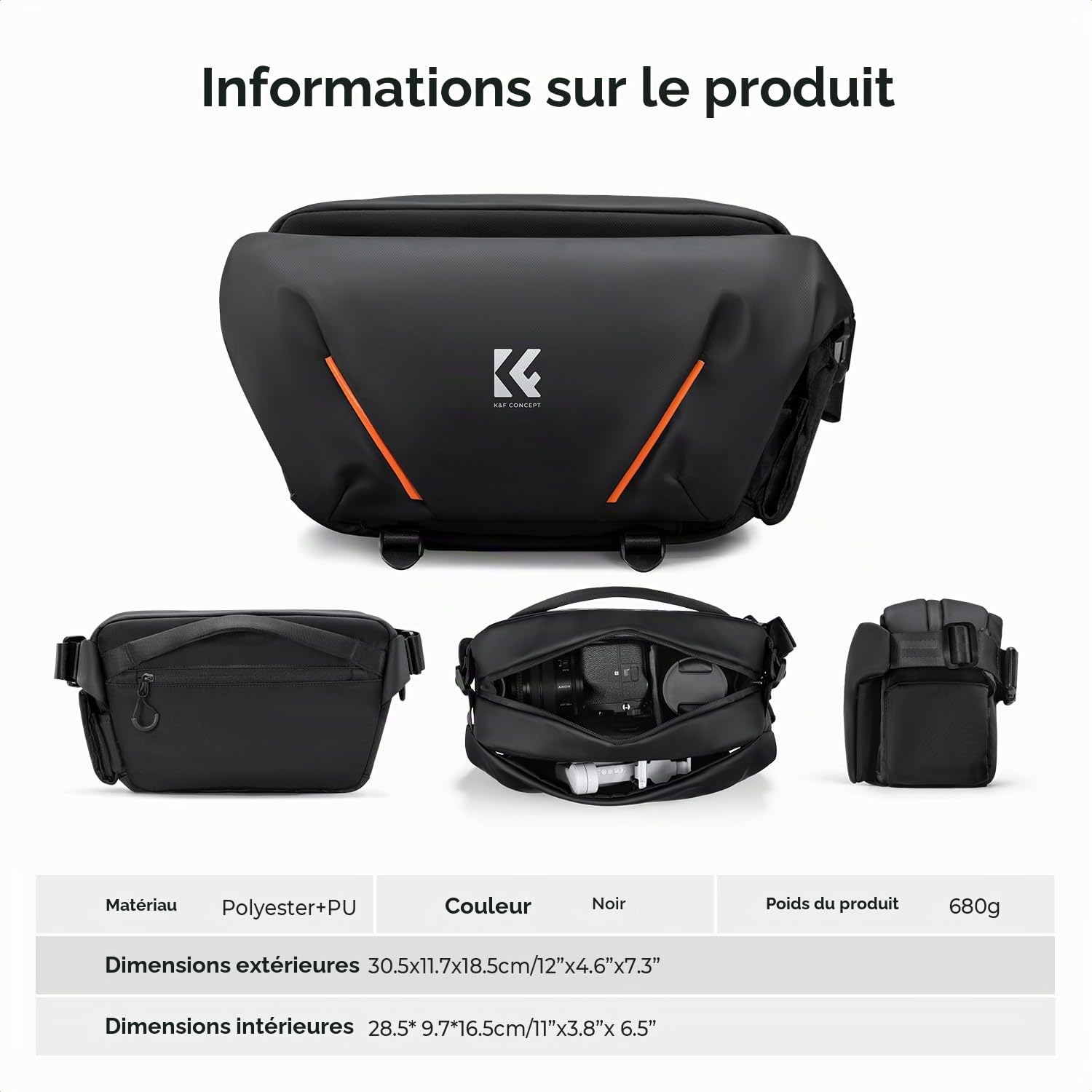 K&F CONCEPT Sac à Bandoulière pour Appareil Photo | Sac Photo avec Poche Avant Semi-Ouverte. Compatible avec Les Appareils Photo et Les Objectifs, Noir-BS19