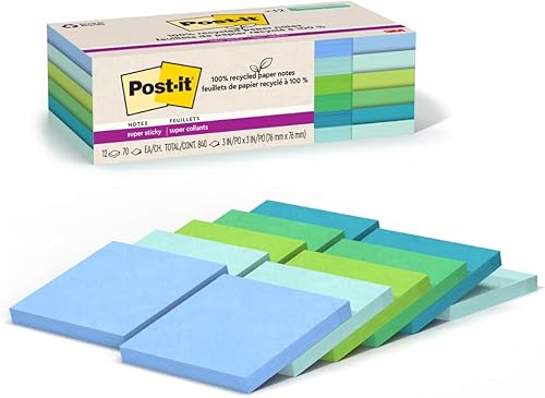 Post-it Notas súper adhesivas de papel 100 reciclado 2 veces el poder de pegar 3 x 3 pulgadas 12 blocs 70 hojasbloc colección Oasis 654R-12SST