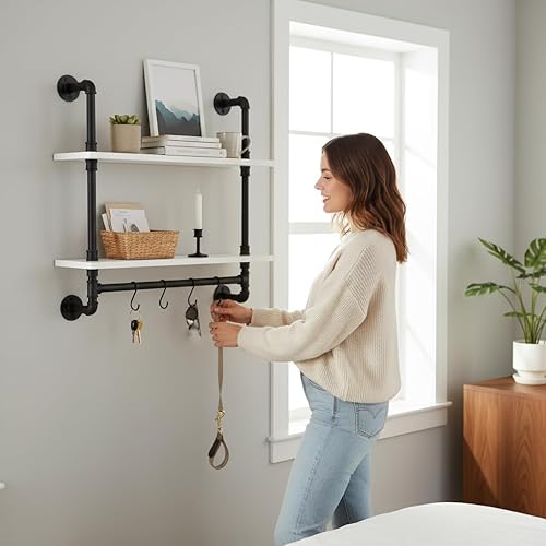 Miniatura 6 de ROGMARS Estantes de pared flotantes blancos, estantes industriales de baño de madera de 30 pulgadas con toallero sobre el inodoro, estantes de pared