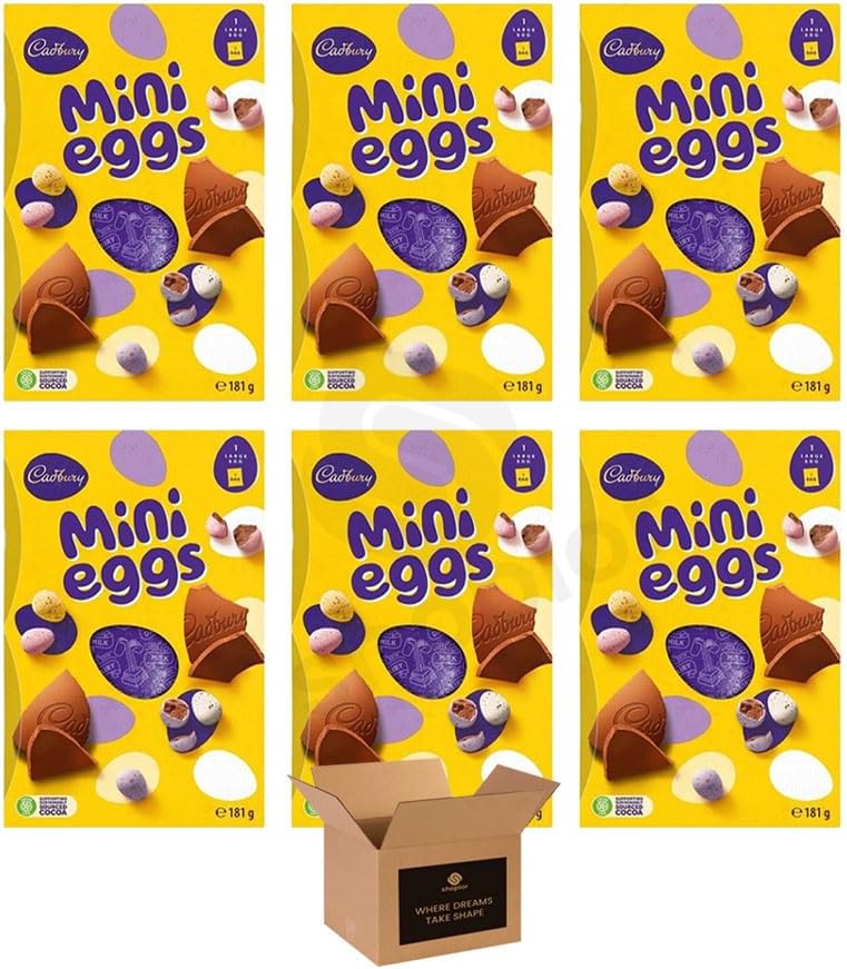 Cadbury Mini Eggs Chocolate Easter Candy – Crunchy Sugar Shell Milk Chocolate Eggs | Easter Egg Hunt Sweets, Kids Party Treats, Birthday & Christmas (Chocolate Easter Egg 181g- Pack 6)