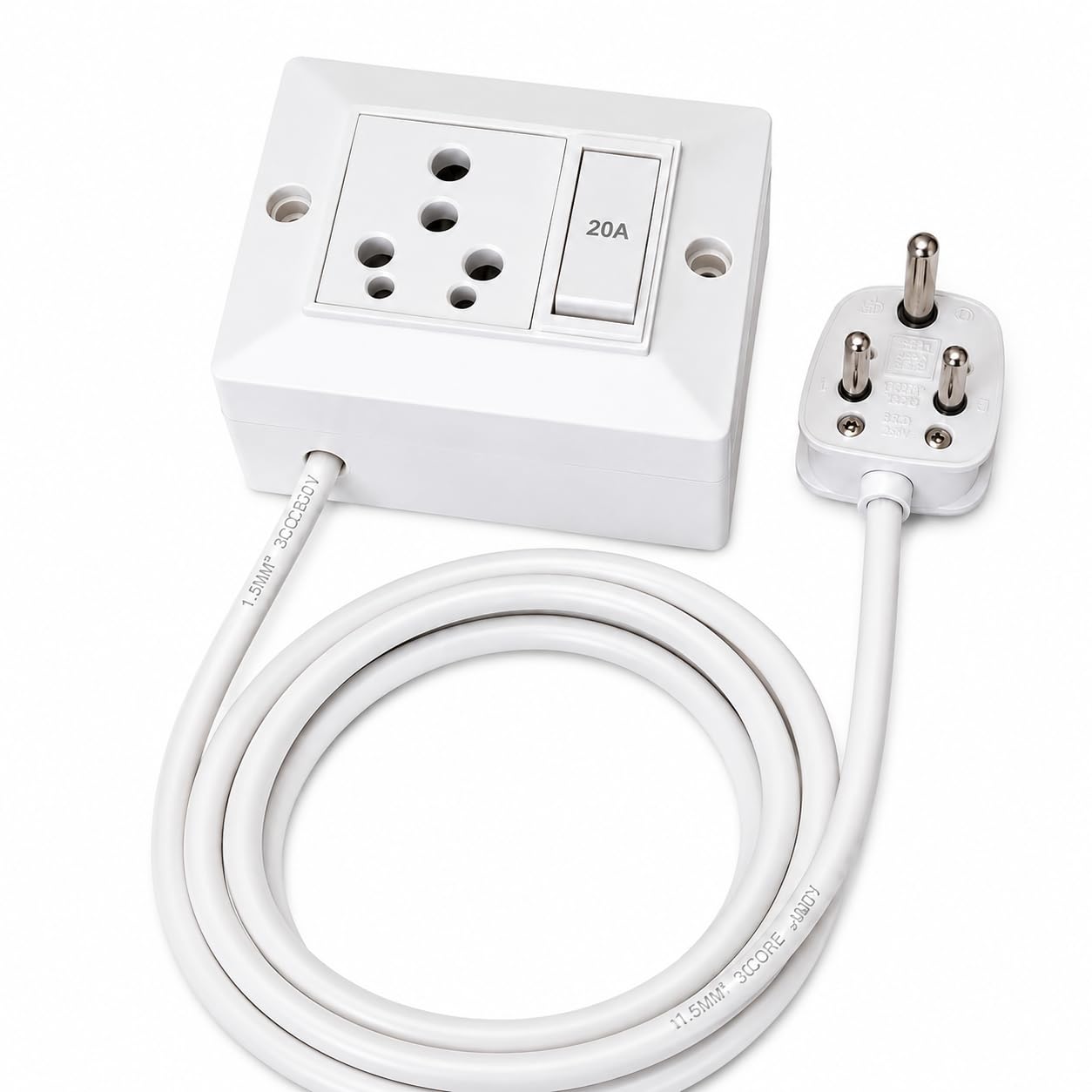 Electric Extension Board with Cable- 16A/20A with Switch & Socket and Heavy Duty 2 Meter 1.5 MM Wire (White), 250 Volts-image-43