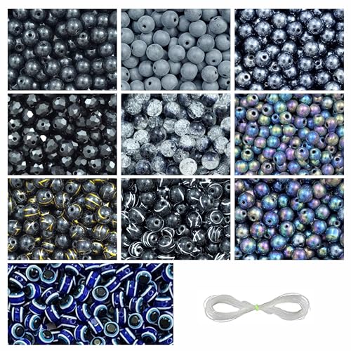 Image of 15 Pcs Evil Eye Beads + 290 Pcs Black Glass Beads for Jewellery Making Kit - Glass Beads for Bracelet Making Kit - Bead Craft - 8mm