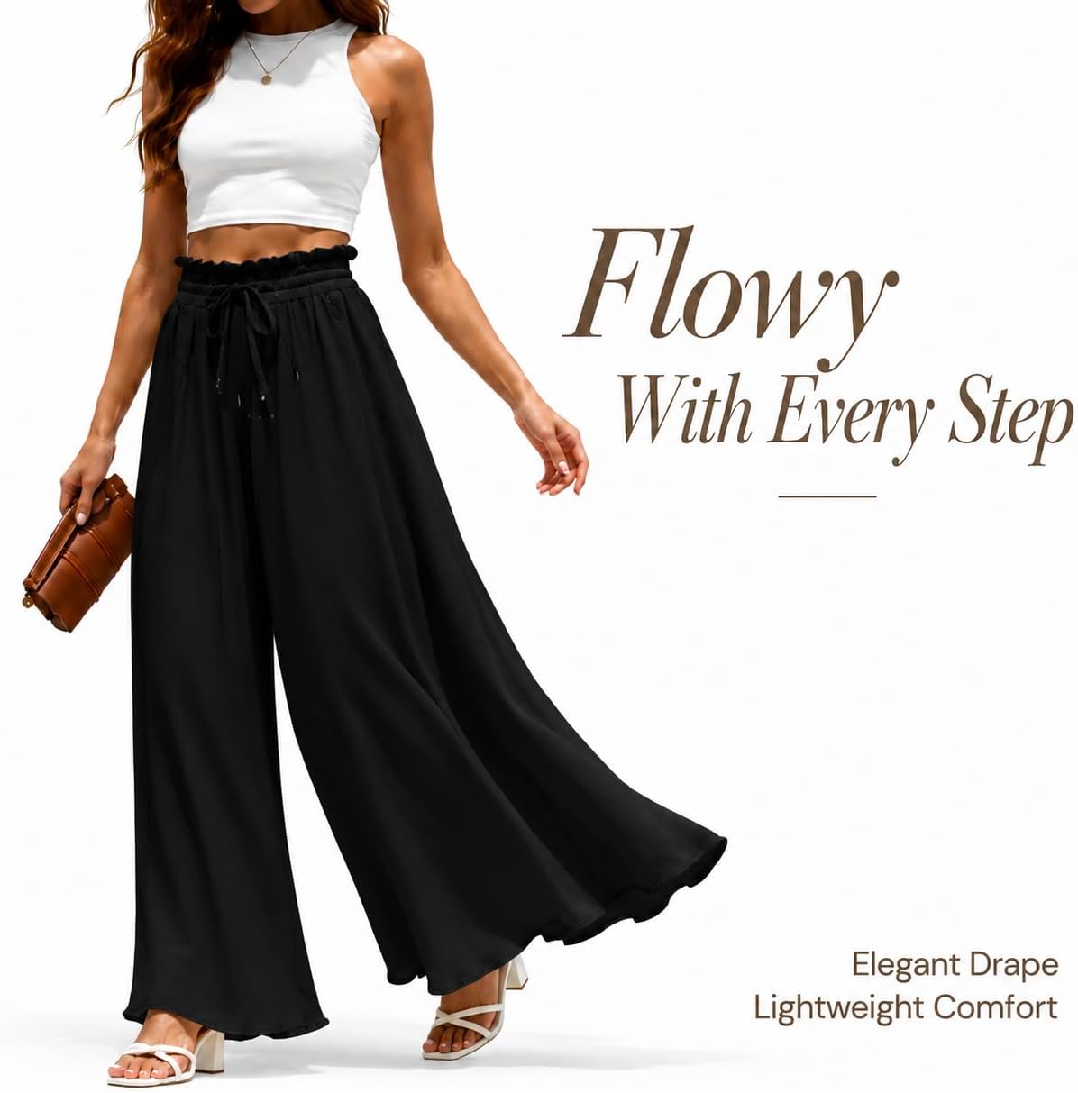 Yusongirl Wide Leg Palazzo Pants for Women High Waisted Drawstring Flowy Trousers with Pockets, Casual Summer Vacation Pants