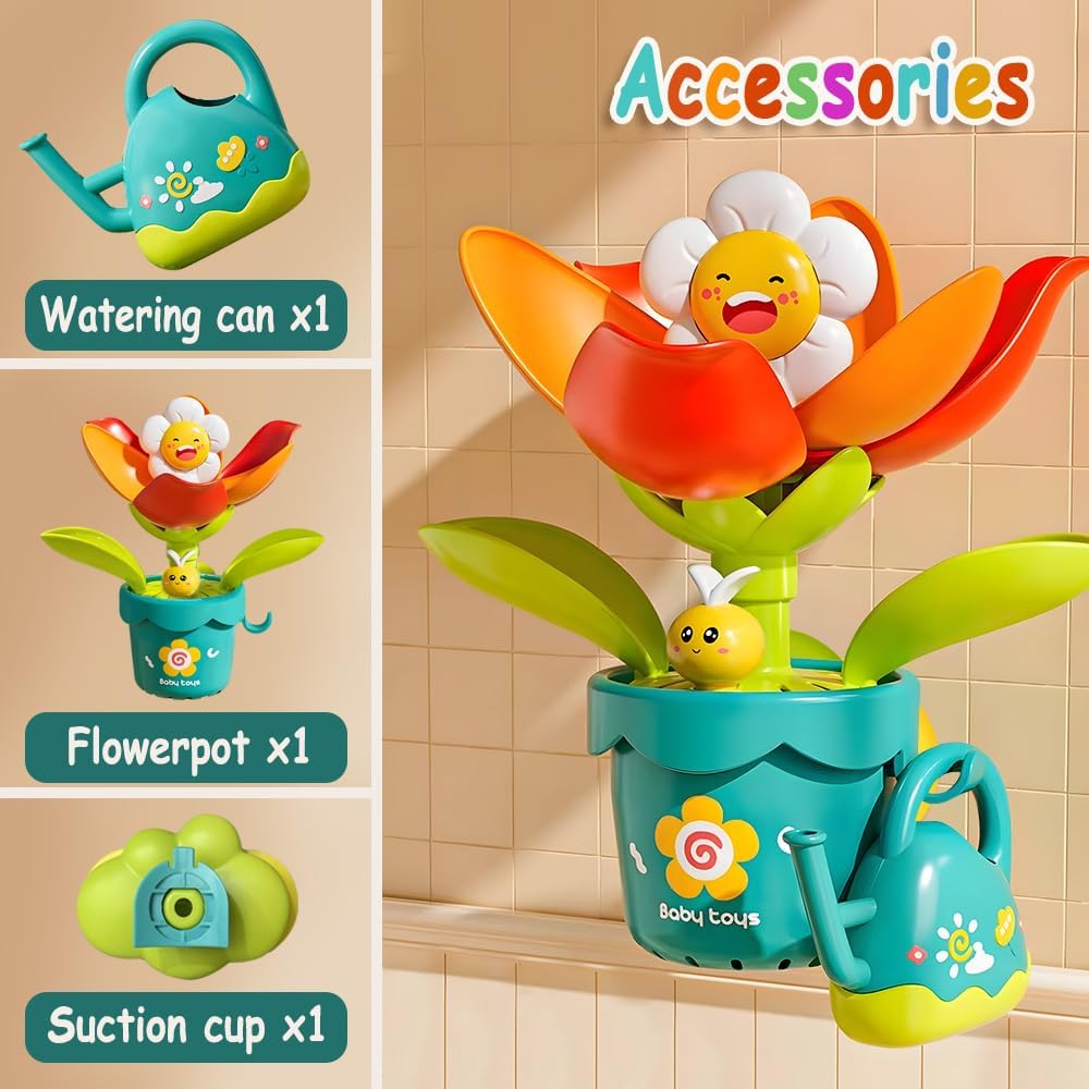 Baby Bath Toy Flower Watering Can Pool Bath Tub Toy with Strong Suction Cup for Baby Age 3+ Years Old Toddlers Boys Girls, BPA Free, Kids Shower Gifts
