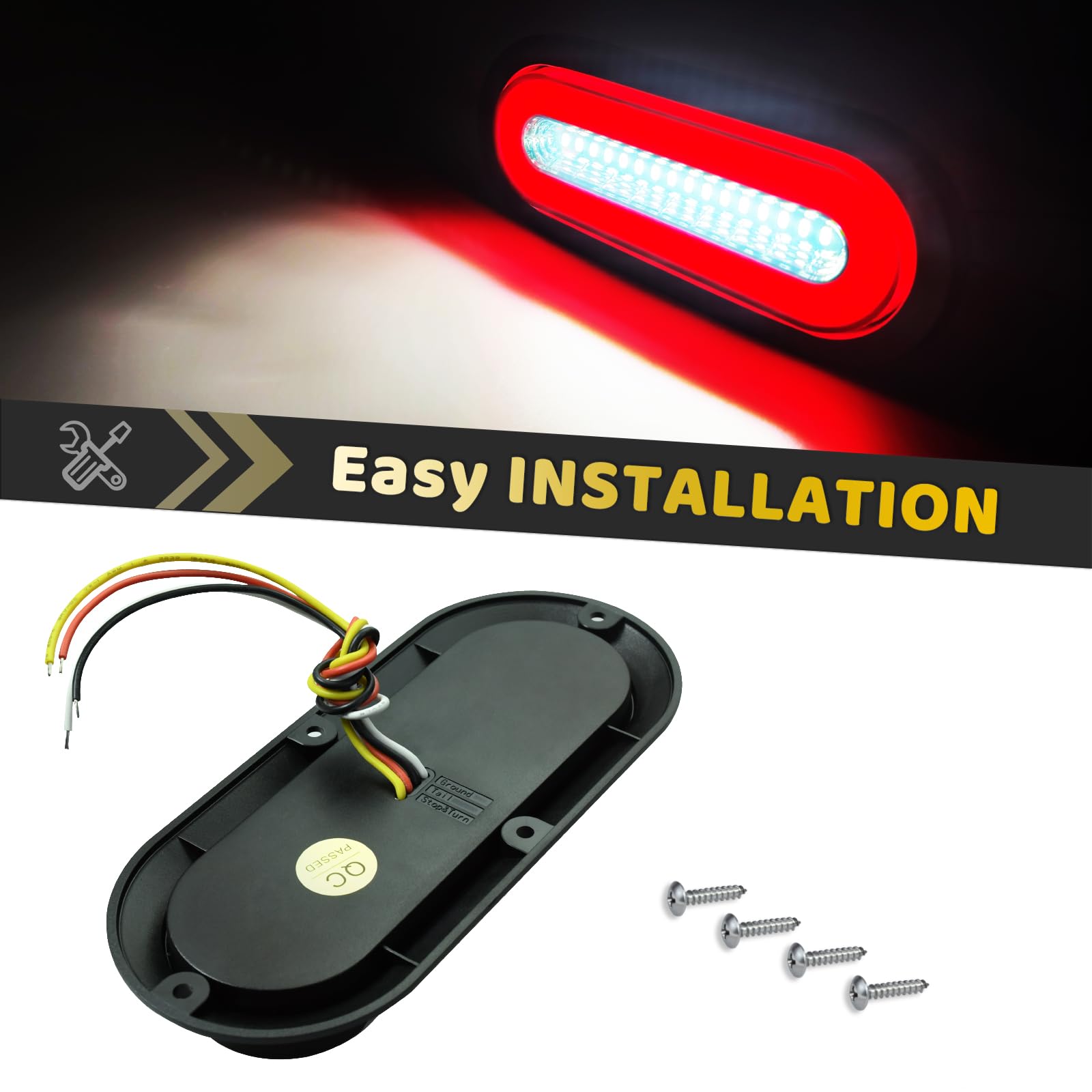 WahMOTOTin 2-Pack 6-Inch Oval LED Trailer Lights - Red/White Halo Brake & Reverse Lights, IP67 Waterproof - View #2