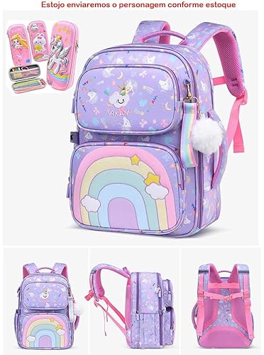 Mochila infantil escolar menino e menina reforçada e resistente ortopédica (Arco íris Lilas)