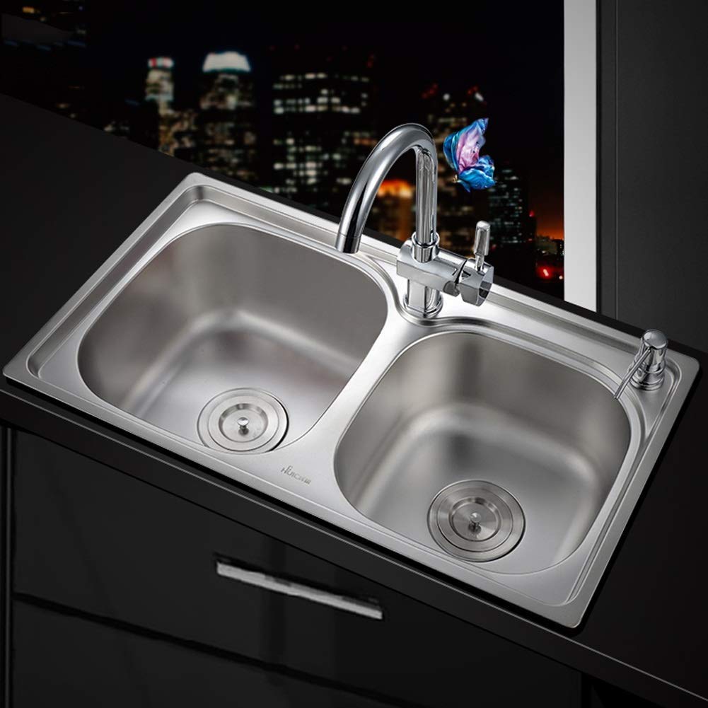 Juego de Fregadero de Cocina Cuadrado de Acero Inoxidable de Doble Seno con colador, Incluye Kit Completo de instalación de desagüe y escurridor.