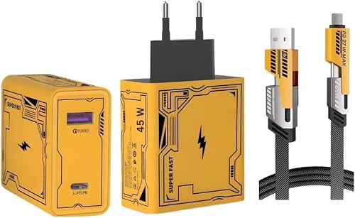 45 Watt GaN PD Type C and USB charger with 27 Watt Fast Charging cable Set,Multi-Protection Power Delivery System, Metal Alloy Ports, Mecha Yellow Carbon Braided Cable