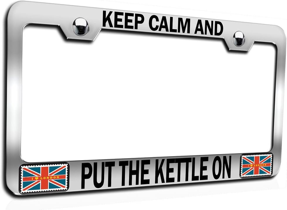 Makoroni - Keep Calm and Put The Kettle ON British England Ch Steel Auto SUV License Plate Frame, License Tag Holder