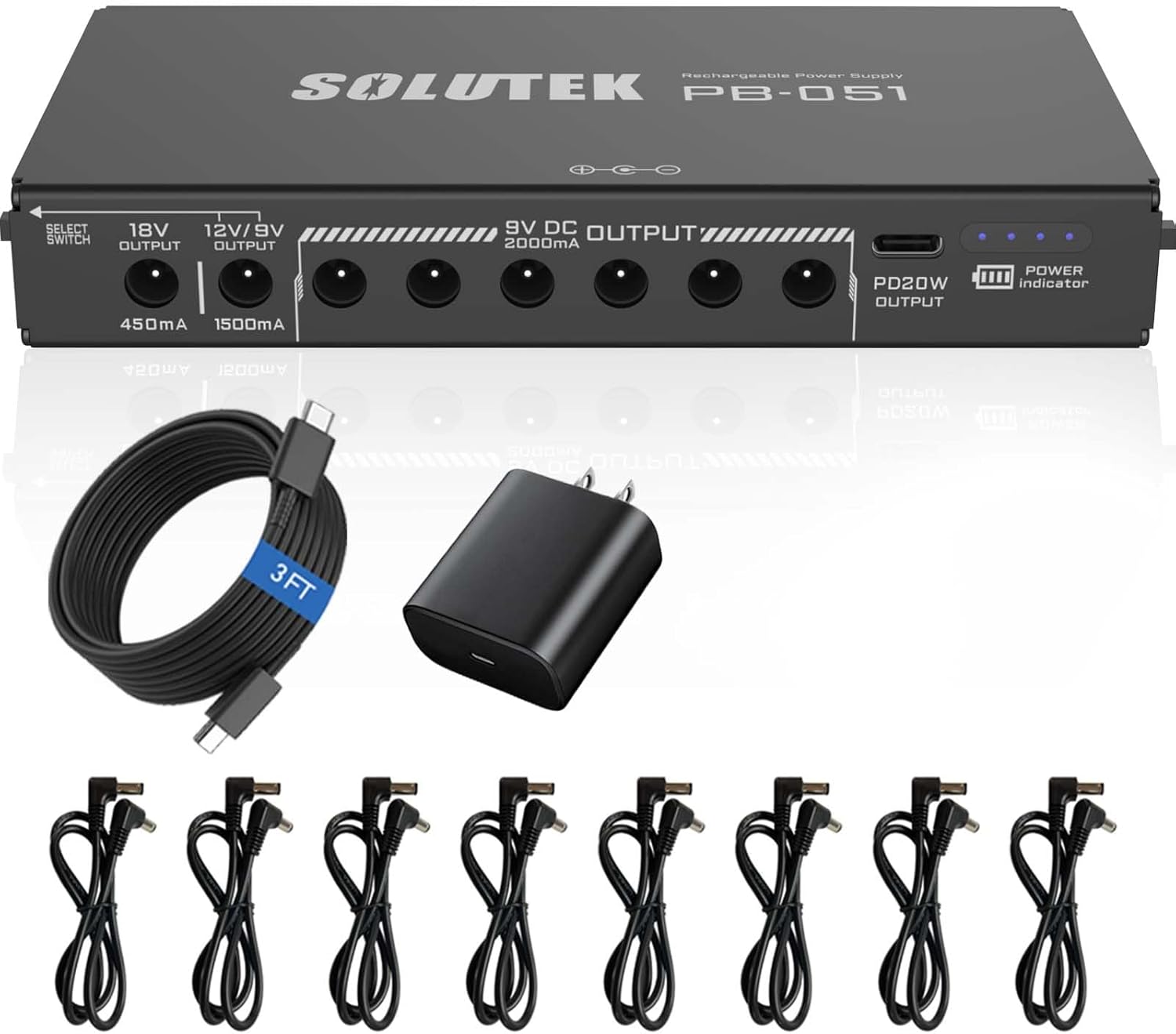 Rechargeable Guitar Pedal Power Supply | 12800 High-Current 2000mA 9V 12V 18V 5V for Pedal Board and More Devices | Compact Convenient Quiet Powerful Model PB-051