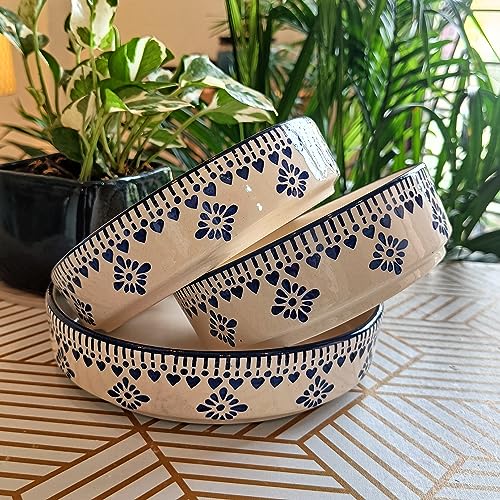 Image of Niyara Stoneware Handmade Ceramic Stylish Premium Serving Bowls /Salad Tray Microwave Dishwasher Safe (Blue jhalar Salad Bowl Set of 3)