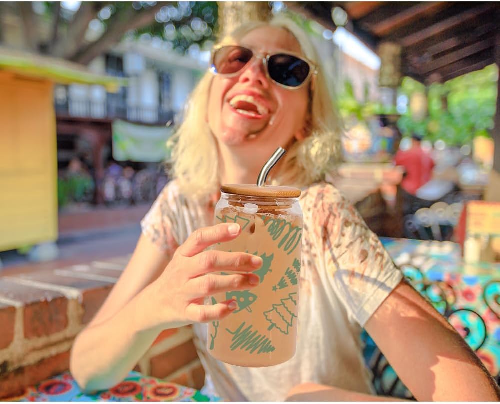 Green Christmas Tree 16oz Iced Coffee Cup Gift for Sister Women Friends, Christmas Can Glass Reusable Beer Can Cup with Lid and Straw for Christmas Decor, Practical Birthday Gift - Image 2