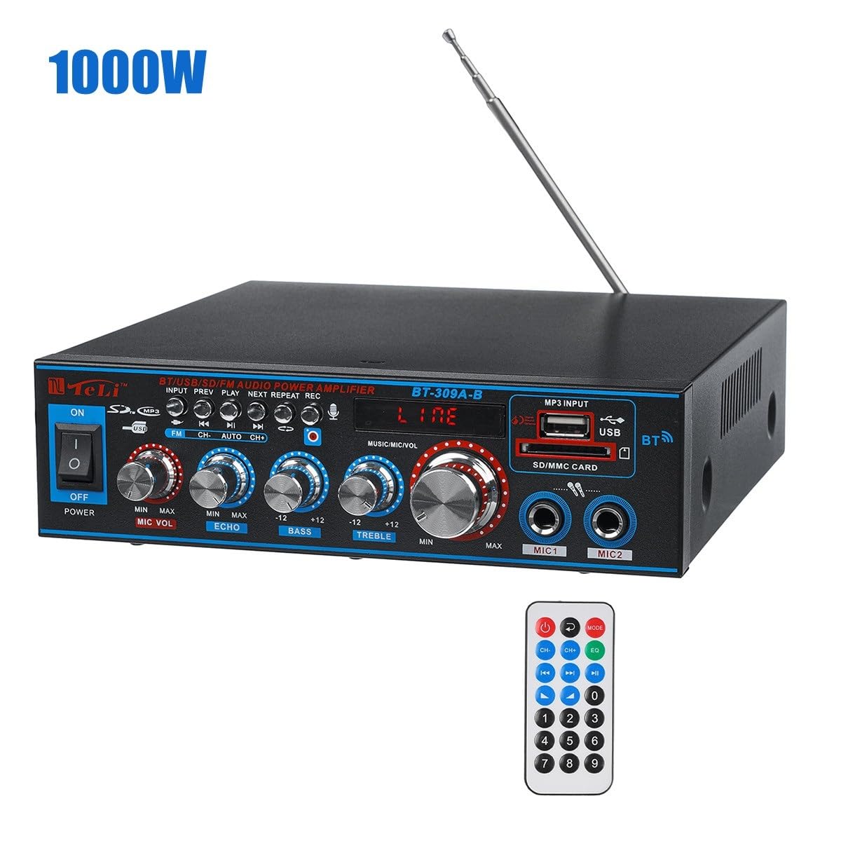 Amplificador auto da 1000W. HiFi 2 Ch. Amplificatore audio Amplificatore Amplificatore Home Theater Amplificatore audio FM USB SD/Telecomando(1000W EU 220-V)