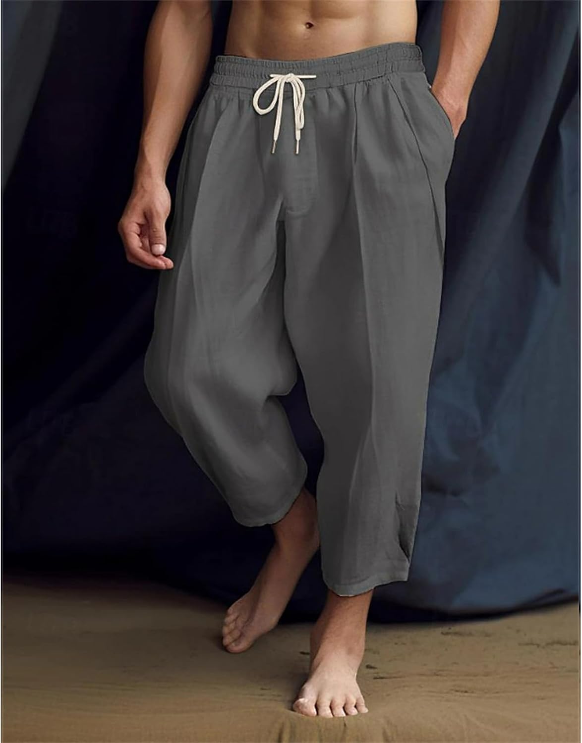 Men's Linen Harem Capri Pants Beach Yoga Pants Lightweight Loose 3/4 Shorts Drawstring Elastic Waist Trousers Outfits