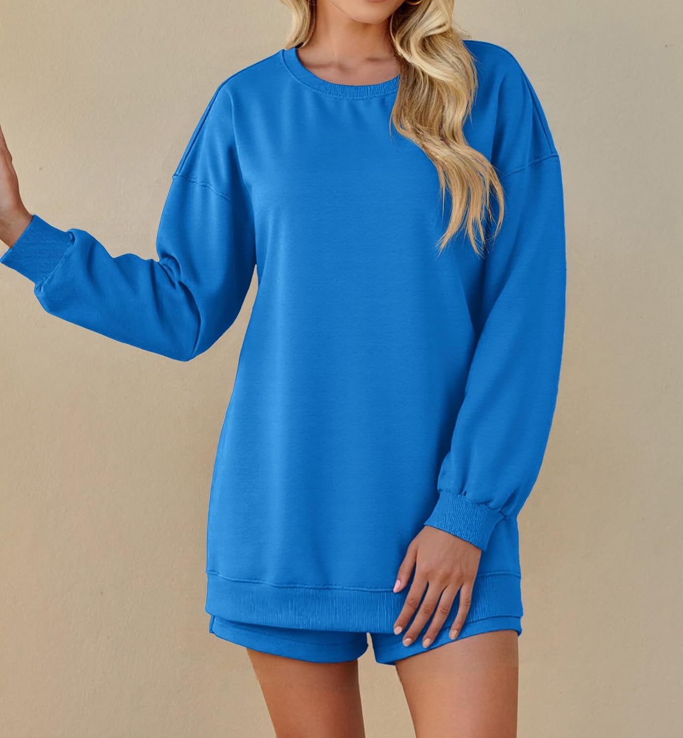 Tankaneo Womens Oversized 2 Piece Outfits Sweatsuit Casual Long Sleeve Crewneck Sweatshirts Sweat Shorts Fall Lounge Sets - Image 5