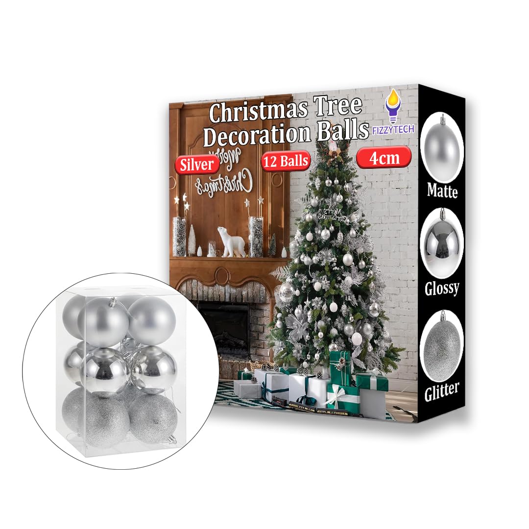 fizzytech Shatterproof Christmas Balls Ornaments Pack of 12 Silver Hanging Balls Size 4cm Perfect Xmas Tree Decorations (4cm Silver 12 Pc)