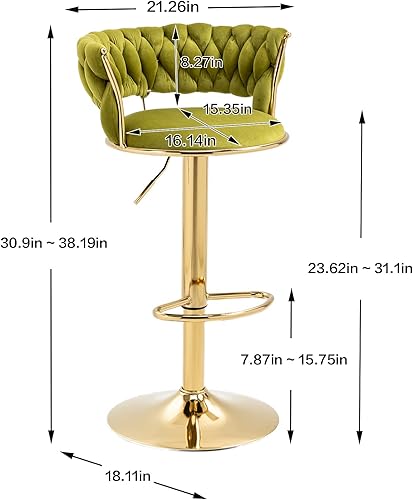 Miniatura 18 de Juego de 2 taburetes de bar giratorios modernos, taburete de bar de terciopelo ajustable en altura con respaldo y reposapiés dorado para comedor,