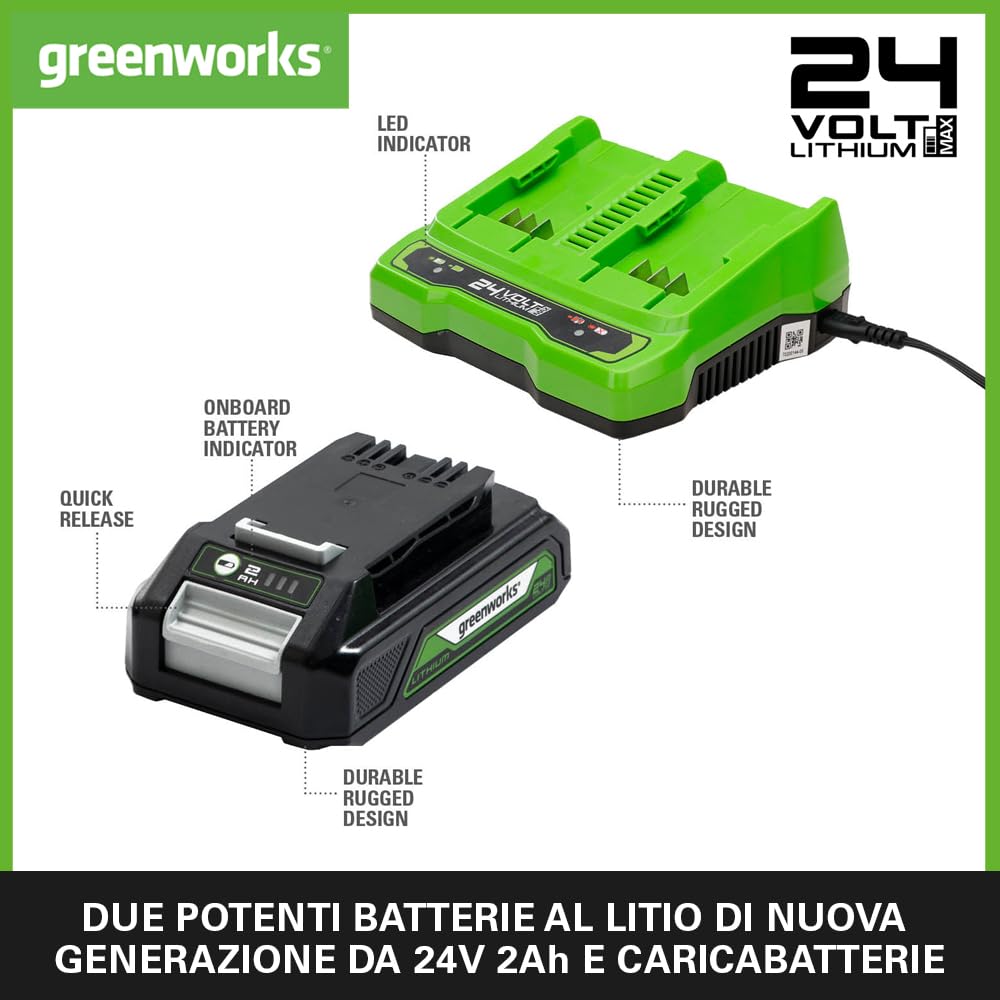 Greenworks GSK24B2X - Batteria da 24 V e caricatore a doppia carica – due batterie originali agli ioni di litio da 2 Ah ad alte prestazioni, adatto per tutti gli utensili da giardino e elettrici