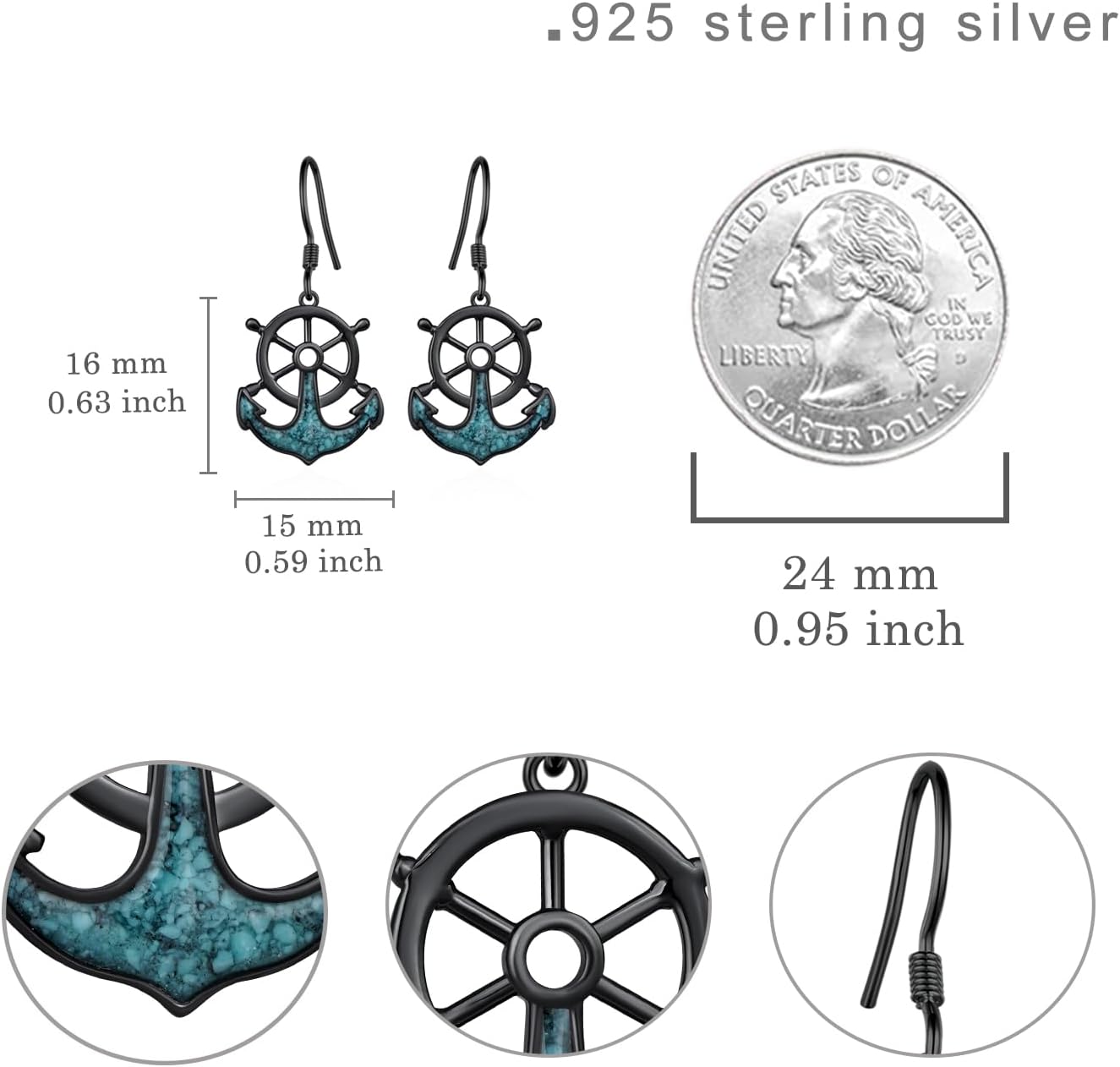 Anchor Earrings 925 Sterling Silver Anchor Turquoise Earrings Nautical Gifts Jewelry for Women - Image 4