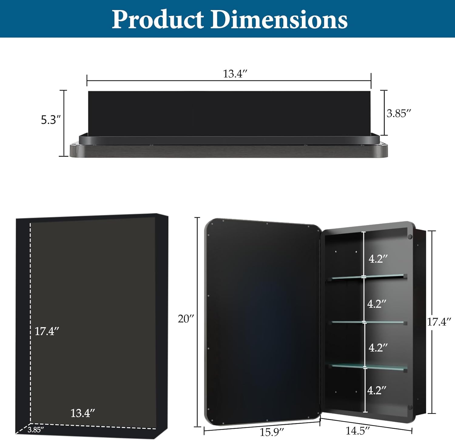 16’’x20’’ Medicine Cabinet,Metal Framed Medicine Cabinet Mirror with Round Corner,Recessed and Surface Mount Bathroom Mirror with Storage, Removeable Shelves,Dark Gray Frame