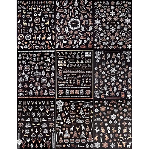 9 Sheets Christmas Nail Art Sticker 3D Self-Adhesive Rose Gold White Snowflake Christmas Tree Snowman Elk Glitter Decals Nail Art Decorations For Women Girls Kids #TOP1