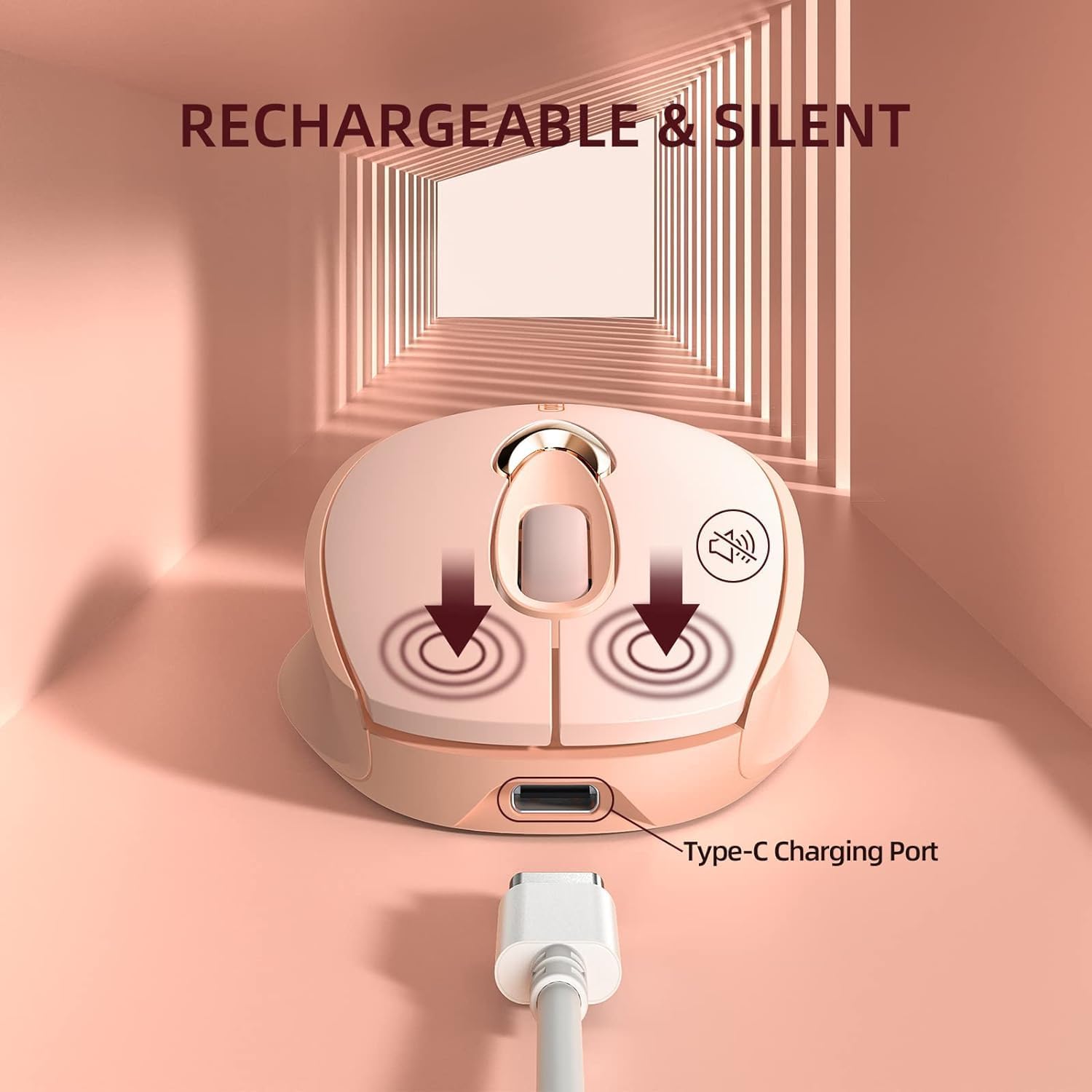 Wireless Mouse, 2.4G USB Rechargeable Wireless Mice Silent Click, Cute Portable Ergonomic Computer Cordless Mouse for Laptop Mac MacBook Pink