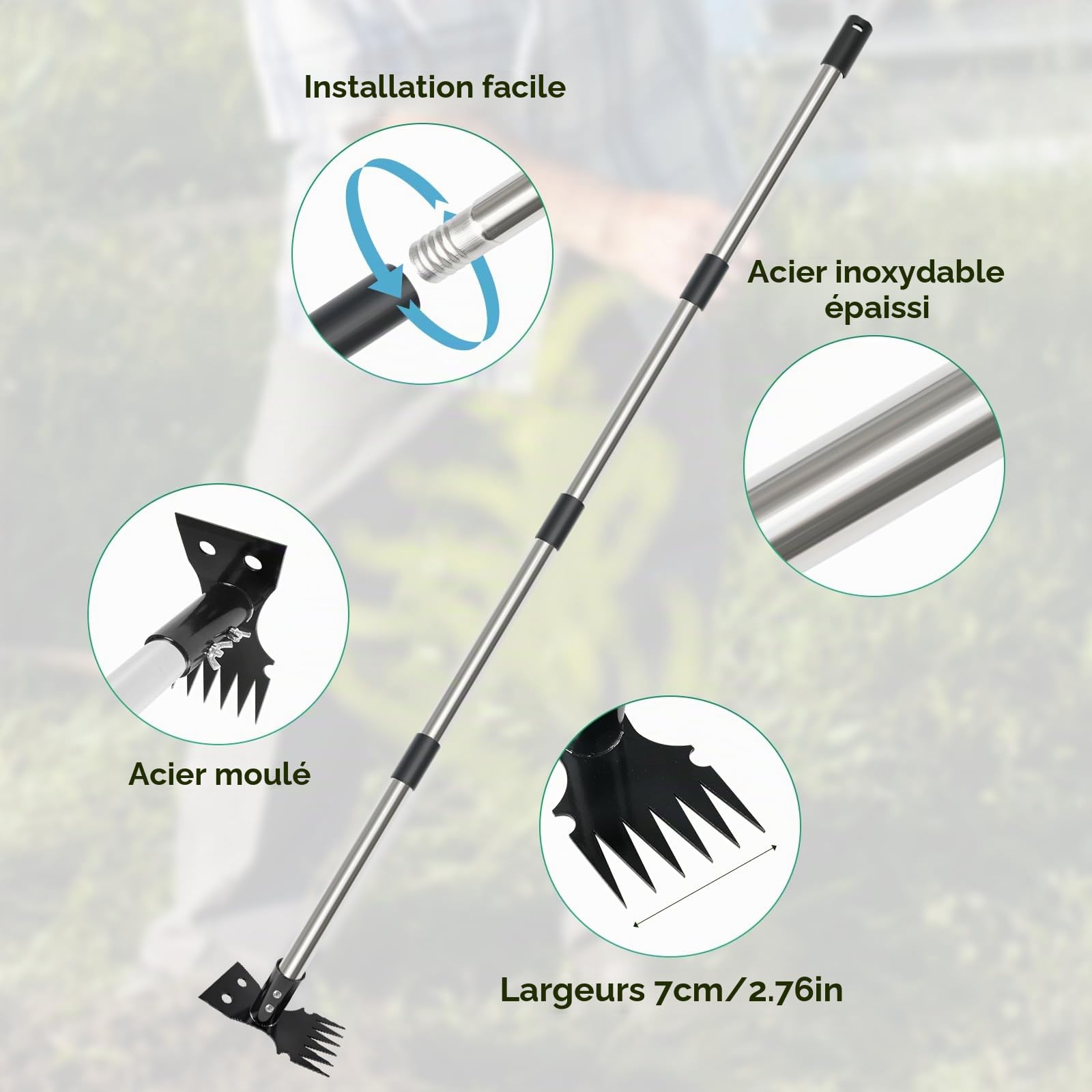 Outil d'arrache-mauvaises herbes avec long manche, râteau manuel 2 en 1 et binette de jardin de 150 cm, 4 sections détachables et robustes avec gants pour terrasse, jardin, cour, pelouse
