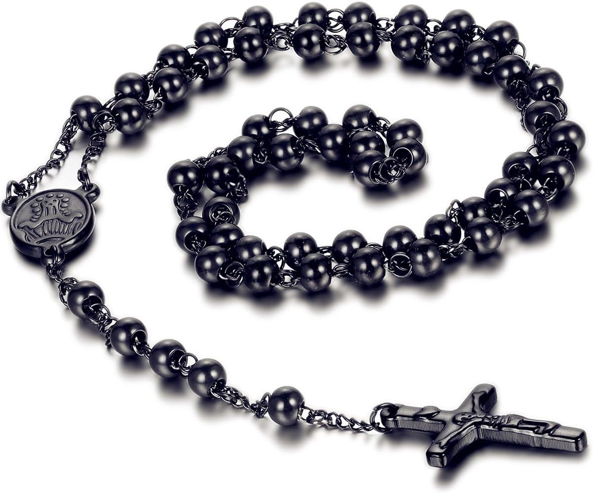 Men's Women's Vintage Stainless Steel 6mm Beads Black Jesus Christ Crucifix Cross Rosary Pendant Necklace, 30 inch Catholic Rosary Beads Pray Necklace