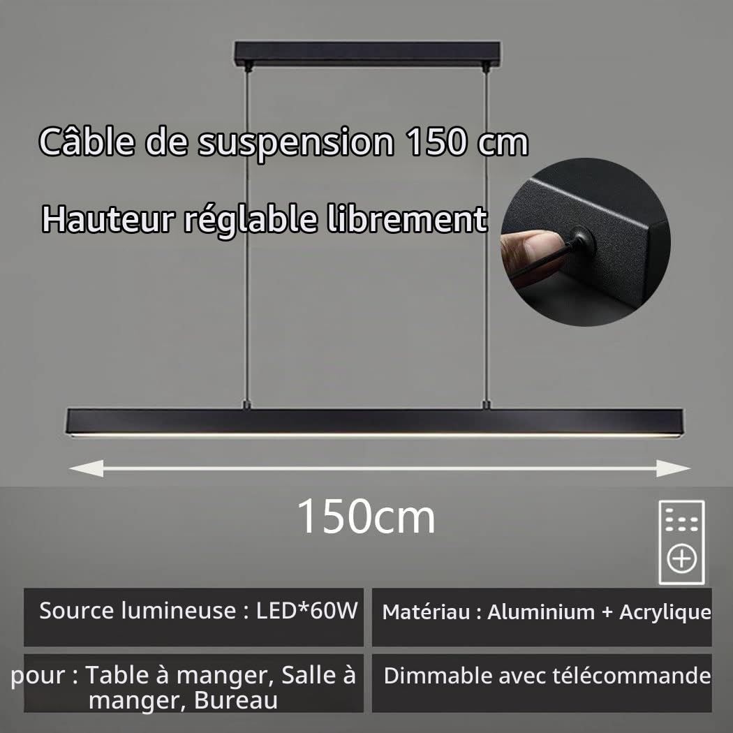 Suspension LED dimmable noir suspensions modernes avec télécommande suspension design linéaire réglable en hauteur lustre lampe pour table à manger salle à manger bureau cuisine lampe (L150cm/60W)