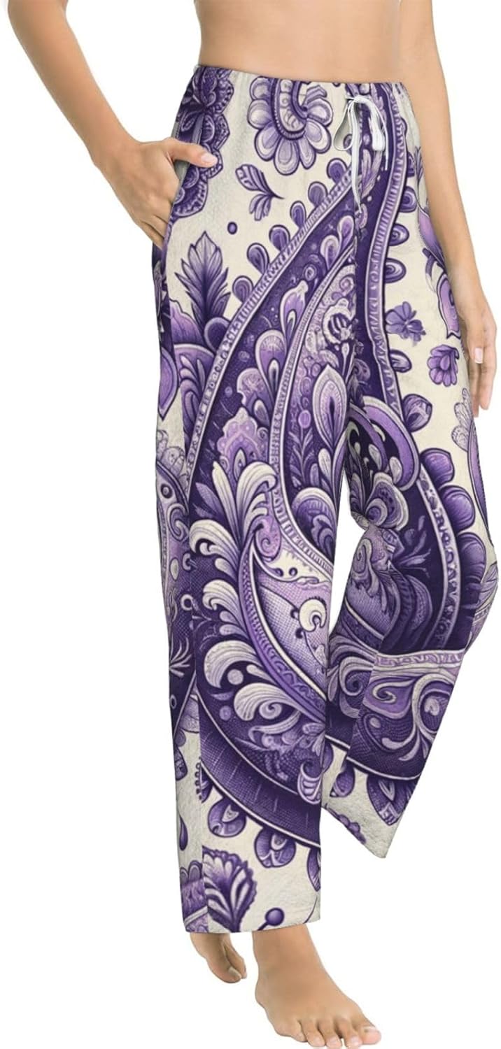Women'S Bohemian-Paisley-Pattern Fleece Pajama Pants, Cozy Flannel Lounge Bottoms For Women