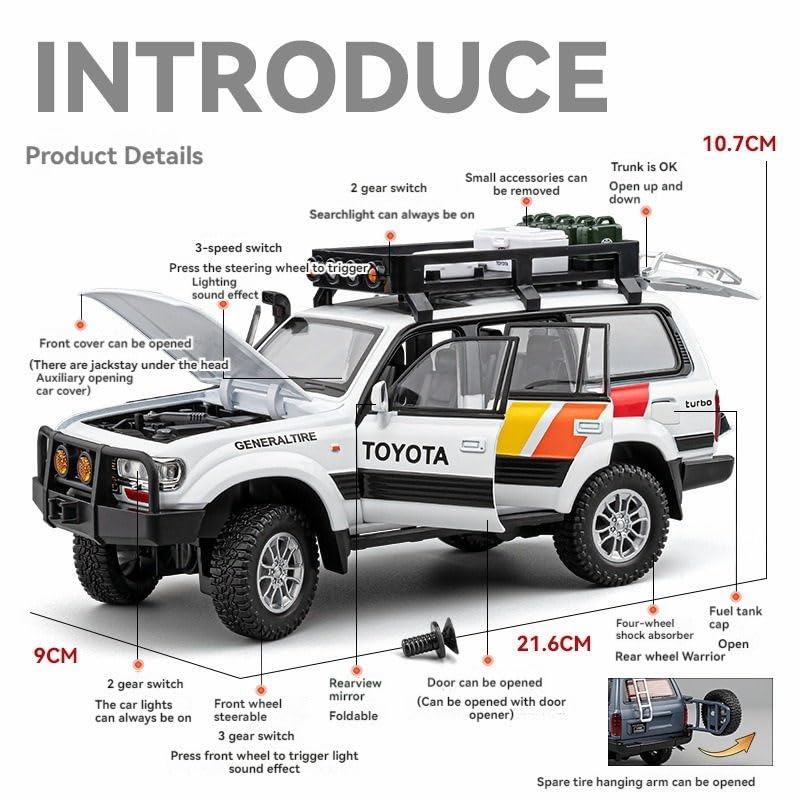 Image of Toyota Land Cruiser LC80 1:24 Diecast Metal Car - Openable Doors, Sound&Light, Pull Back Action,Collectible Toy Car for Kids - Durable & Realistic Model Collectors (Yellow-Grey)