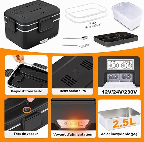 Kimfead Gamelle Chauffante 3.5L 100W Lunch Box Chauffante Boite Chauffante Repas Acier Inoxydable Détachable pour Voiture Camion Bureau 12v/24v/230v avec Sac(3.5L-Noir) - 6