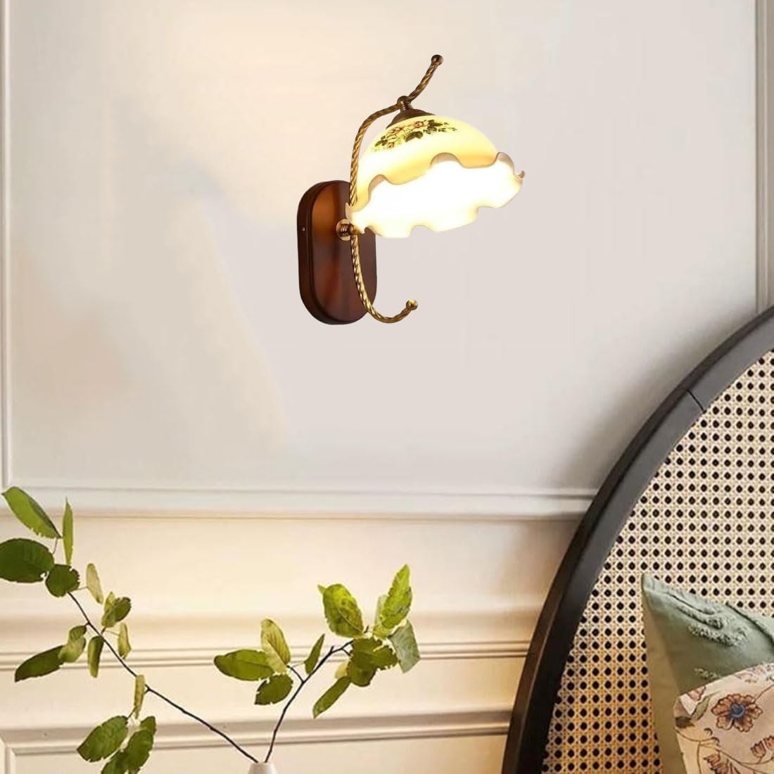 Lampada da parete moderna con paralume a forma di fiore, base in legno rustico, lampada a collo d'oca, lampade in stile nordico industriale per camera da letto, soggiorno, comodino, veranda, ingresso