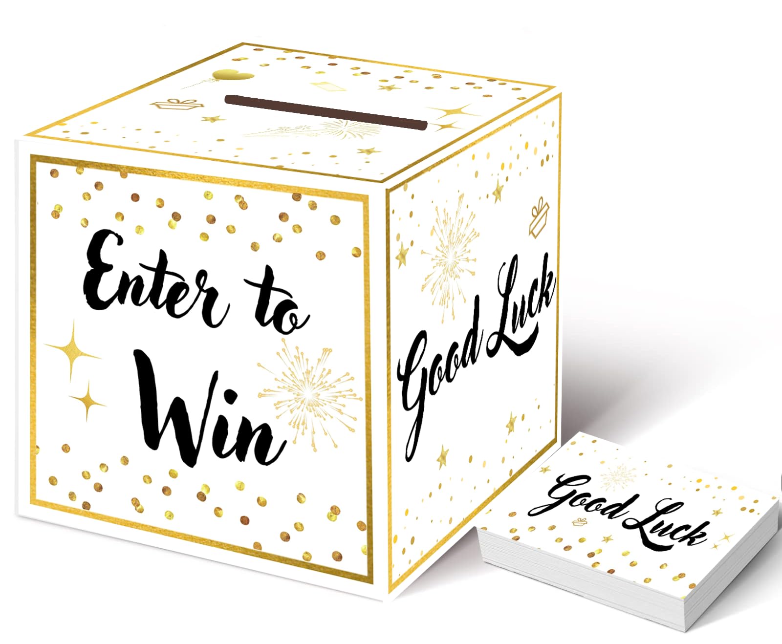 Raffle Box with 100 Raffle Tickets Gold Ballot Box with Slot Enter to Win Cards