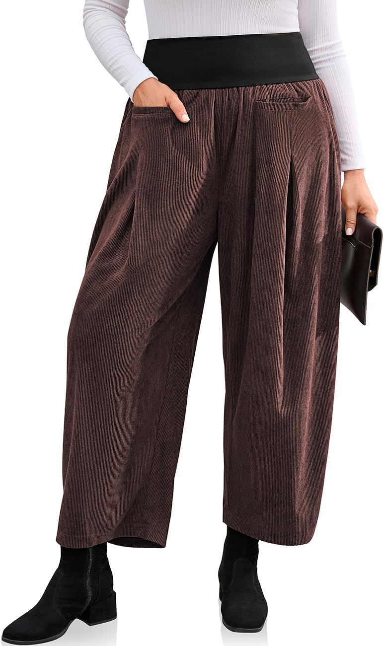 TARSE Womens Corduroy Harem Pants Casual Elastic Waist Wide Leg Pants Boho Loose Fit Baggy Trousers with Pockets