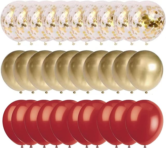 60Pcs 12 Inches Gold and Red Balloons Set Metallic Golden Confetti Balloons Latex Balloons Red Gold Helium Balloons for Wedding Anniversary Baby Shower Party Birthday Decorations