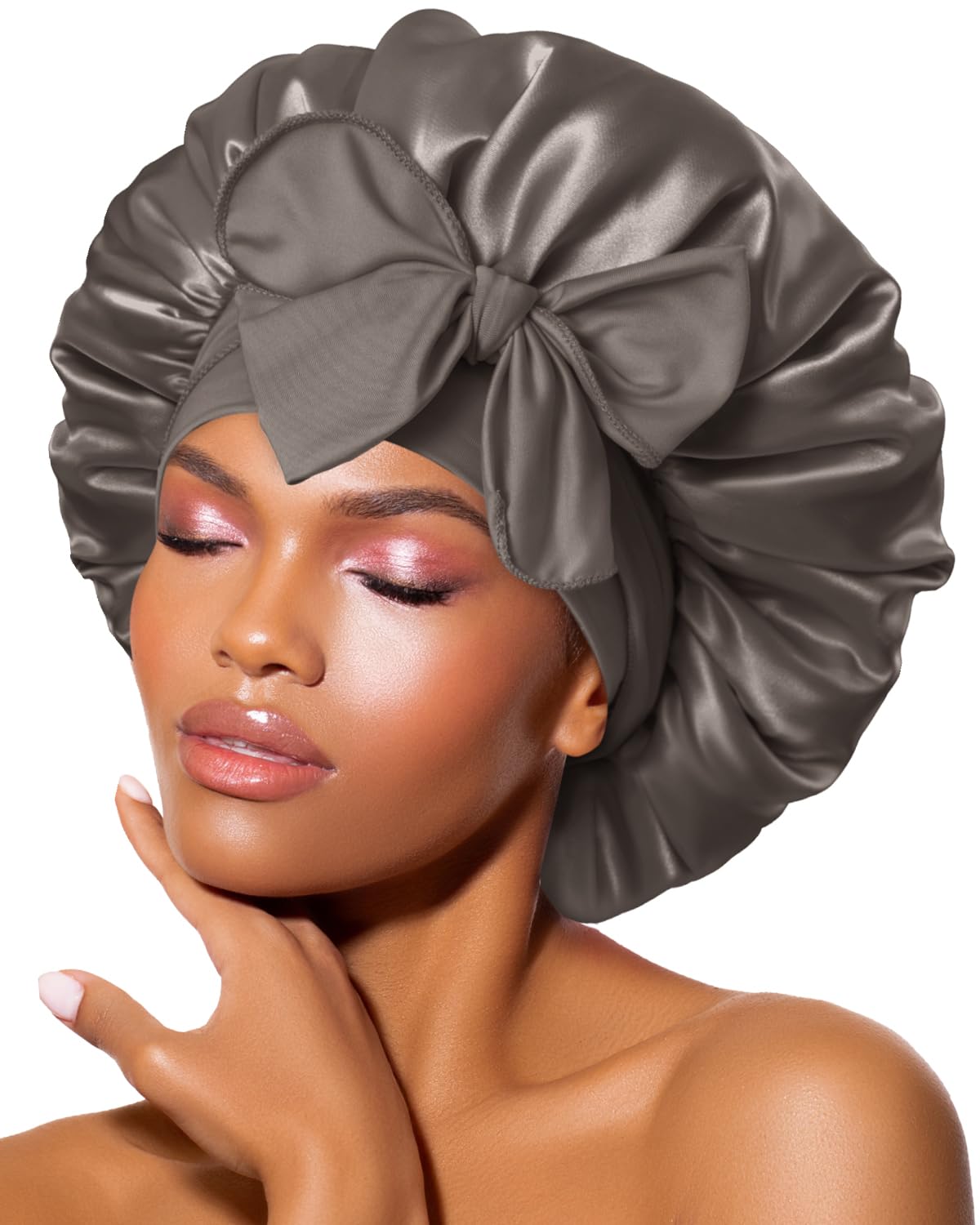 BONNET QUEEN Cuffia Seta Capelli Notte Regolabili Cuffia Capelli Ricci Bonnet con Lacci Lunghi Morbida e Protettiva Anti-Crespo, Grigio Dorata