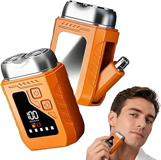 2 in 1 Portable Mini Mens Electric Shaver with Dual Head LED Display，Orange | 2026 New Mini Wet Dry Shaving Razor with Nose Hair Trimmer, Compact Dual Head Shaver with Mirror, Electric Razor for Men