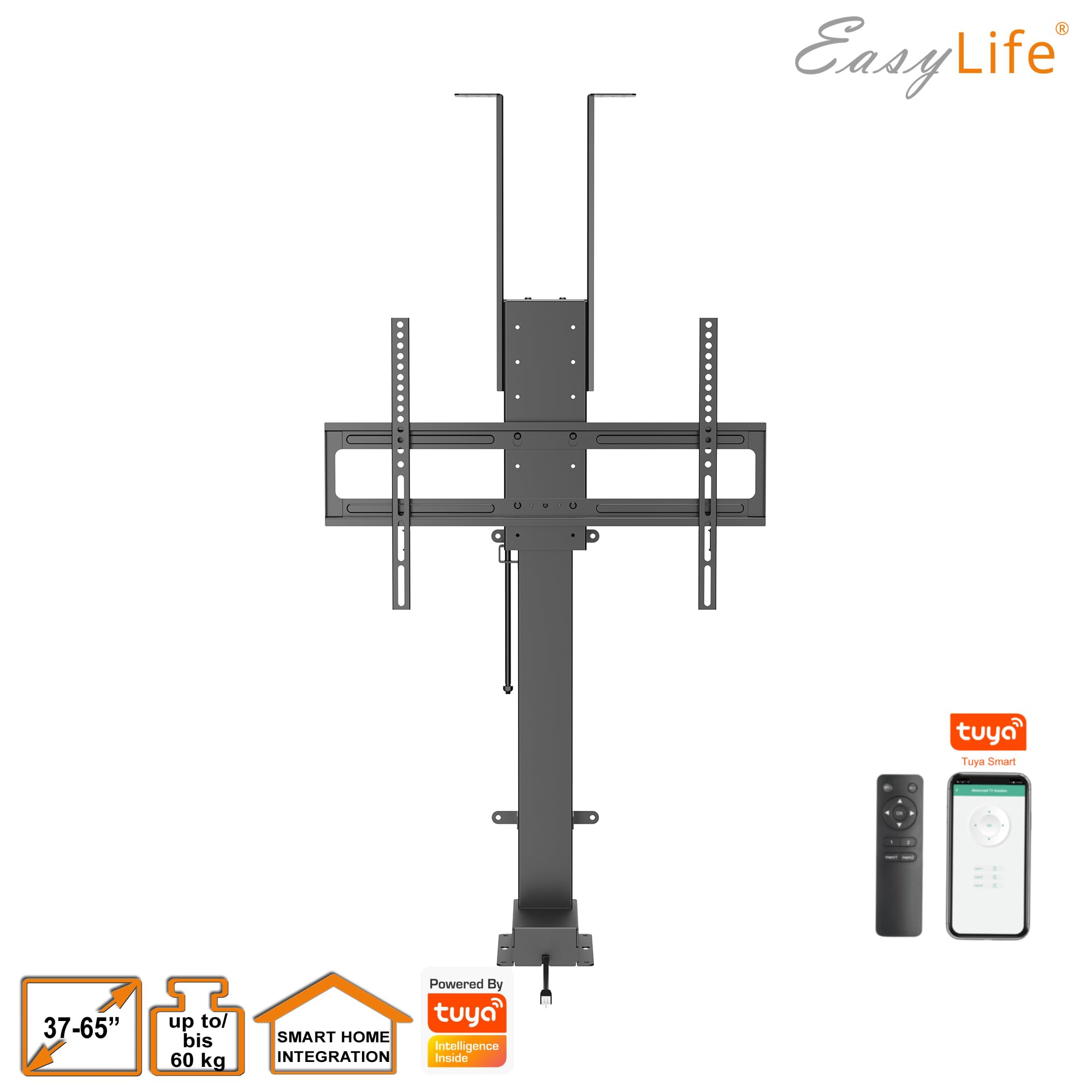 EasyLife zmotoryzowany podnośnik do telewizora do montażu na podłodze, suficie i szafie – elektrycznie wysuwalny i opuszczany, sterowanie Smart Home w zestawie z pilotem zdalnego sterowania, 37–65