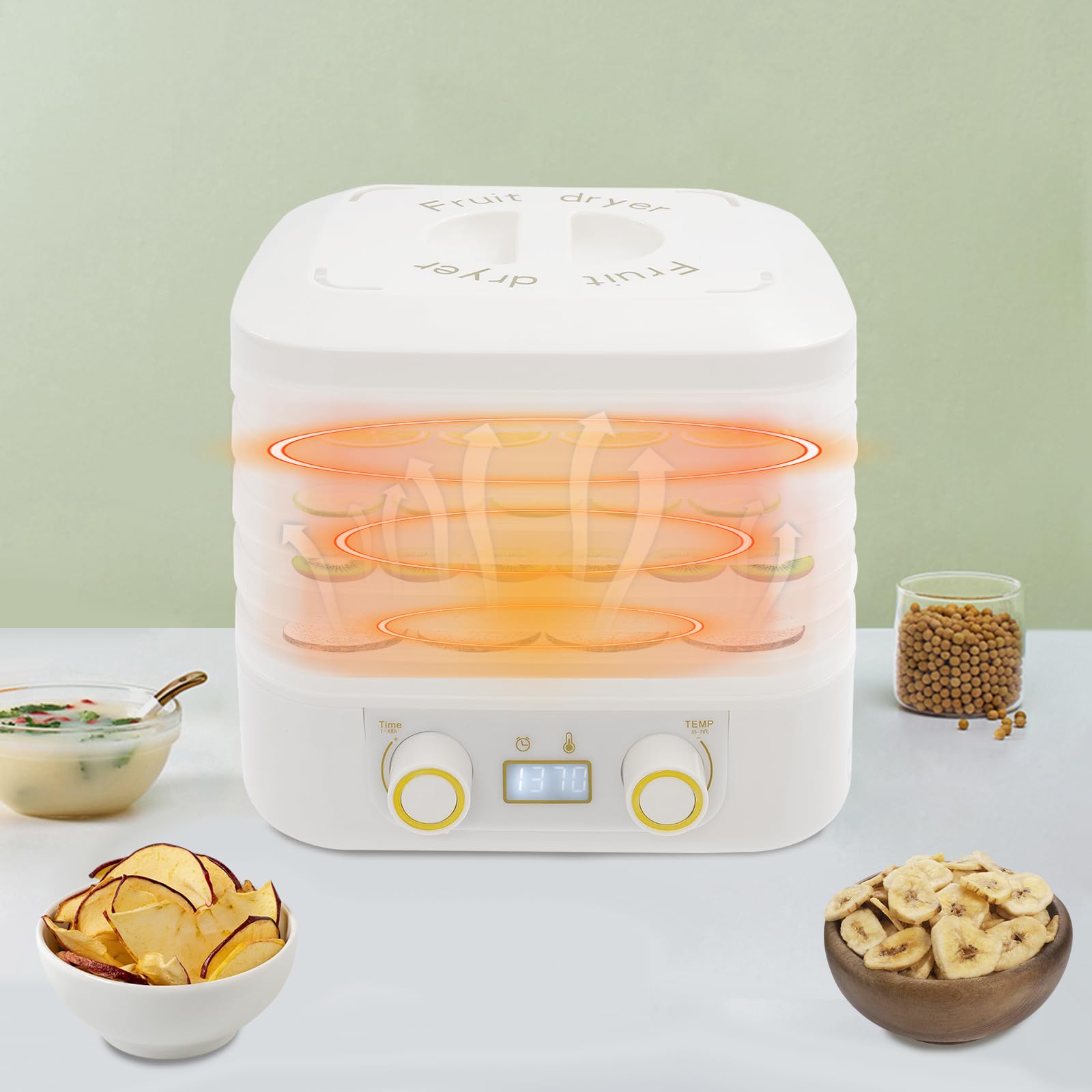 Secador de alimentos, deshidratador de frutas con 5 compartimentos, pantalla LED, deshidratador de alimentos, temperatura ajustable, temporizador de 48H, secado por circulación de 360°, para carne