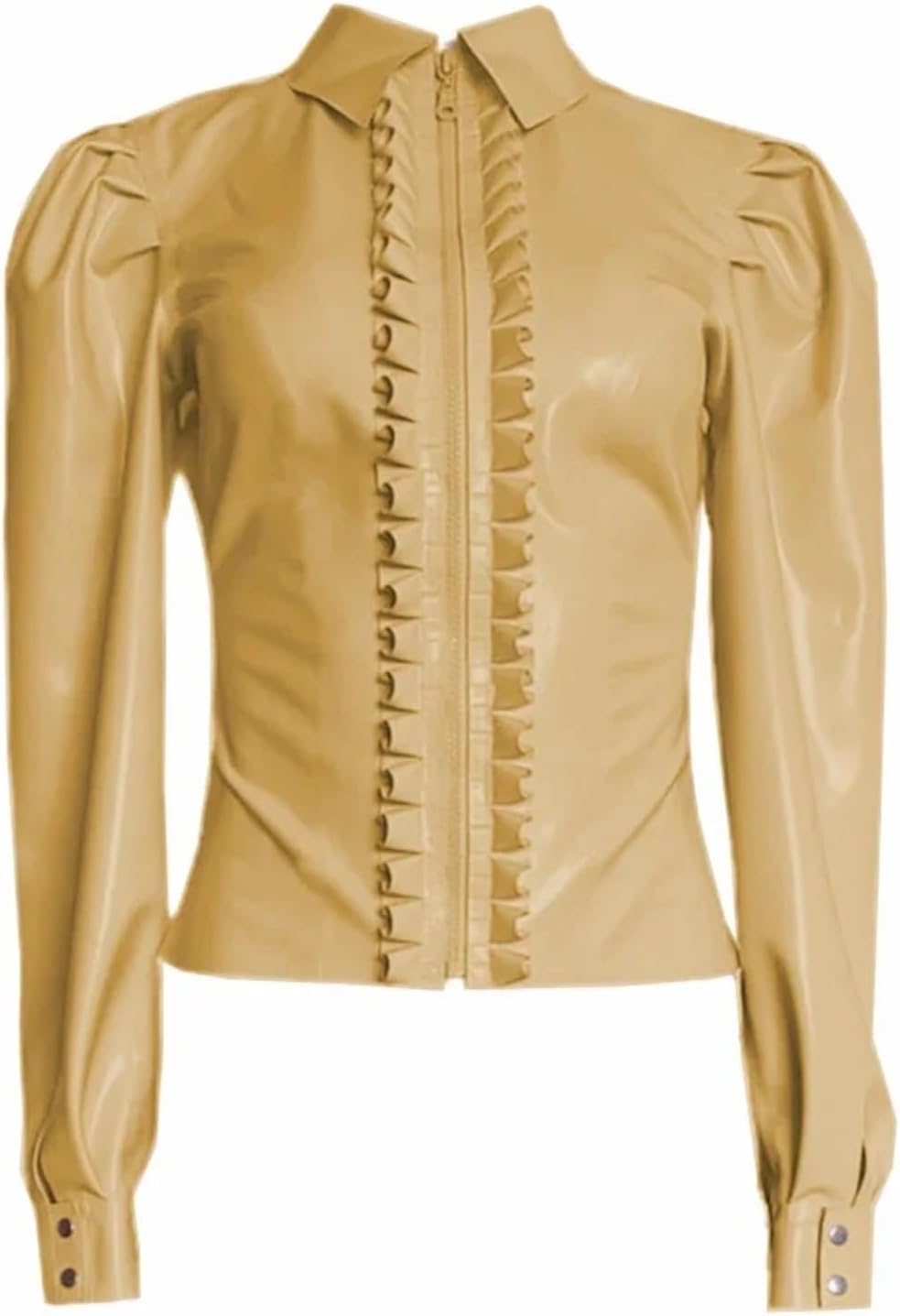 latex clothing Long Sleeve Slim Female Shirts Sissy Sexy Turn-down Collar Glossy Faux Latex Blosue Lady Shiny Zipper Tops
