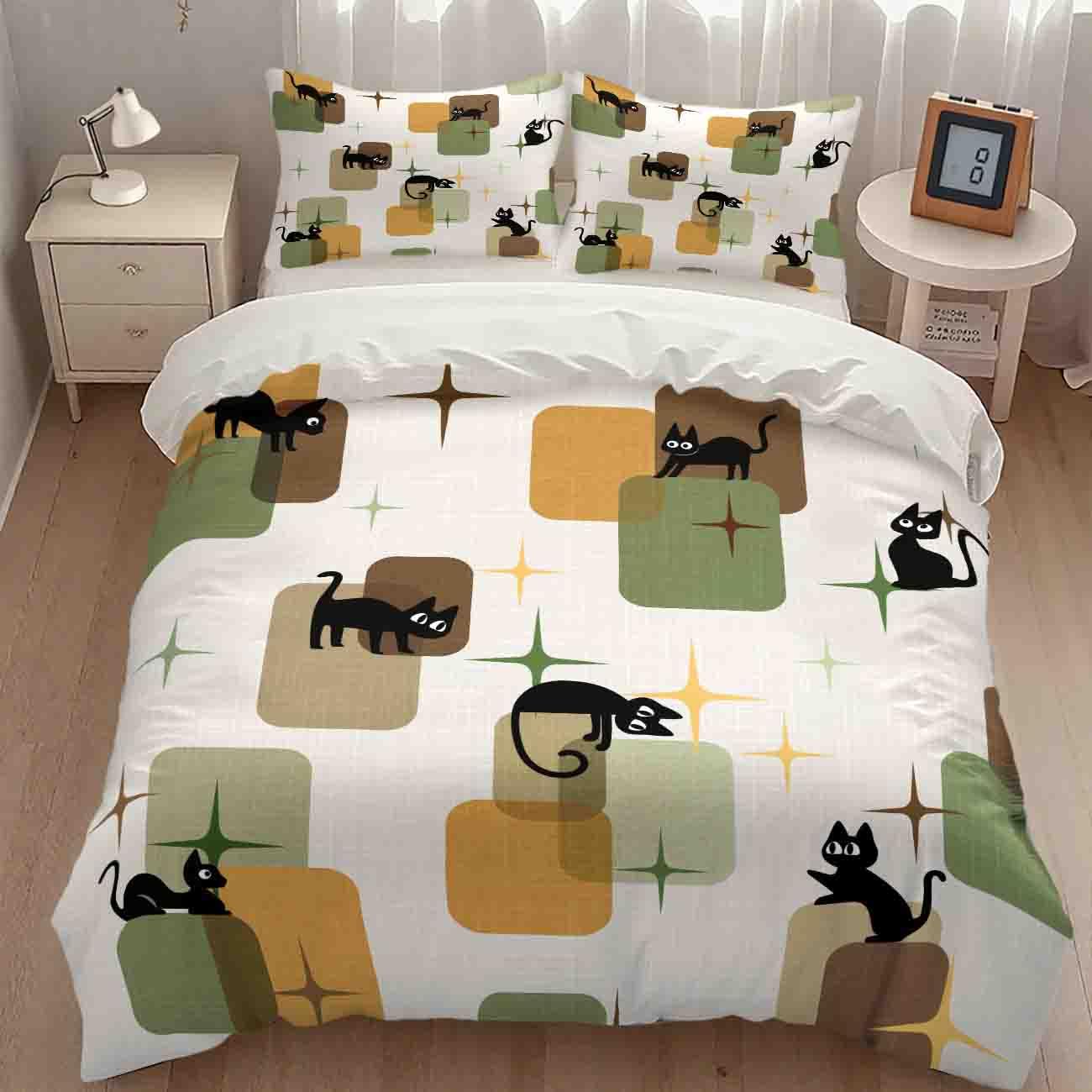 Retro Black Cat Bedding Set,Mid Century 1950s 1960s Abstract Atomic Colorful Geometric Pattern Modern Comforter Set with Pillowcase for Bedroom Bed Decor，Twin 86"x70"