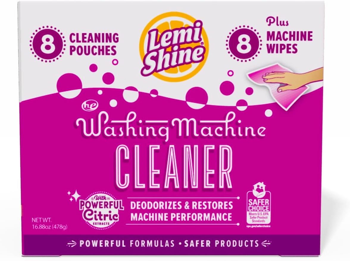 Lemi Shine Natural Washing Machine Cleaner + Wipes - 4-1.76 oz + 4 Wipes - 2 Pack Bundle - 8 Uses Total
